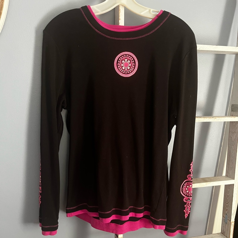 Made for Life Black and Pink Embroidered Top